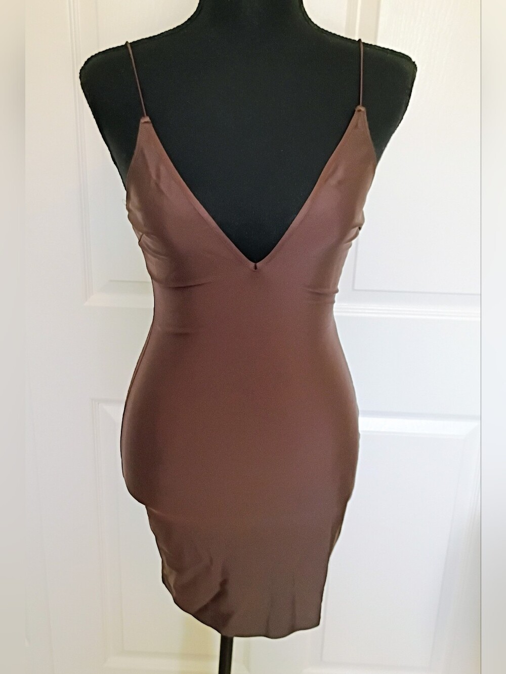 Sleek V-Neck Brown Slip Mini Dress